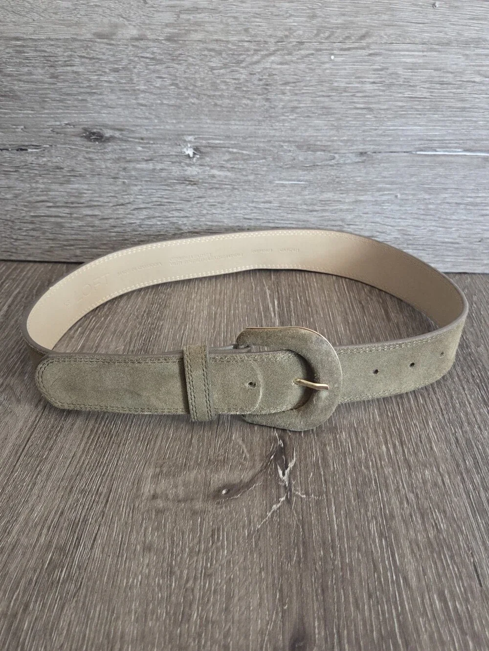 LOFT Olive Green Genuine Suede Leather Belt Gold Oval Horseshoe Buckle Size XS